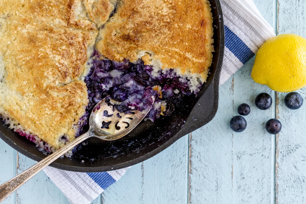 Blueberry cake on cast iron skillet